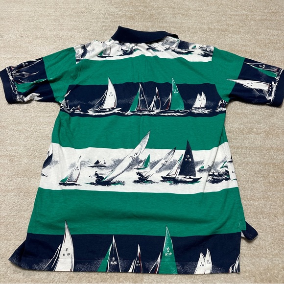 Vintage Izod Men's Small All Over Print Sailboat Polo Shirt Abstract AOP Green - Picture 6 of 8